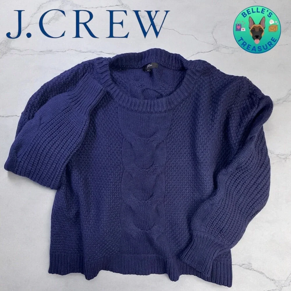J.Crew Cable Knit‎ Sweater Women's Medium Navy Blue Wool Blend Boxy Comfy Fit